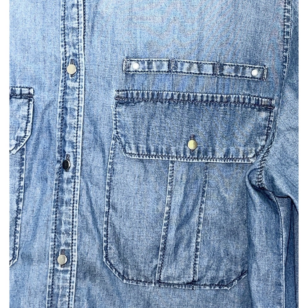 Express Chambray Button Up Shirt Women's Large Blue Denim Boyfriend Fit Academia - Picture 2 of 4